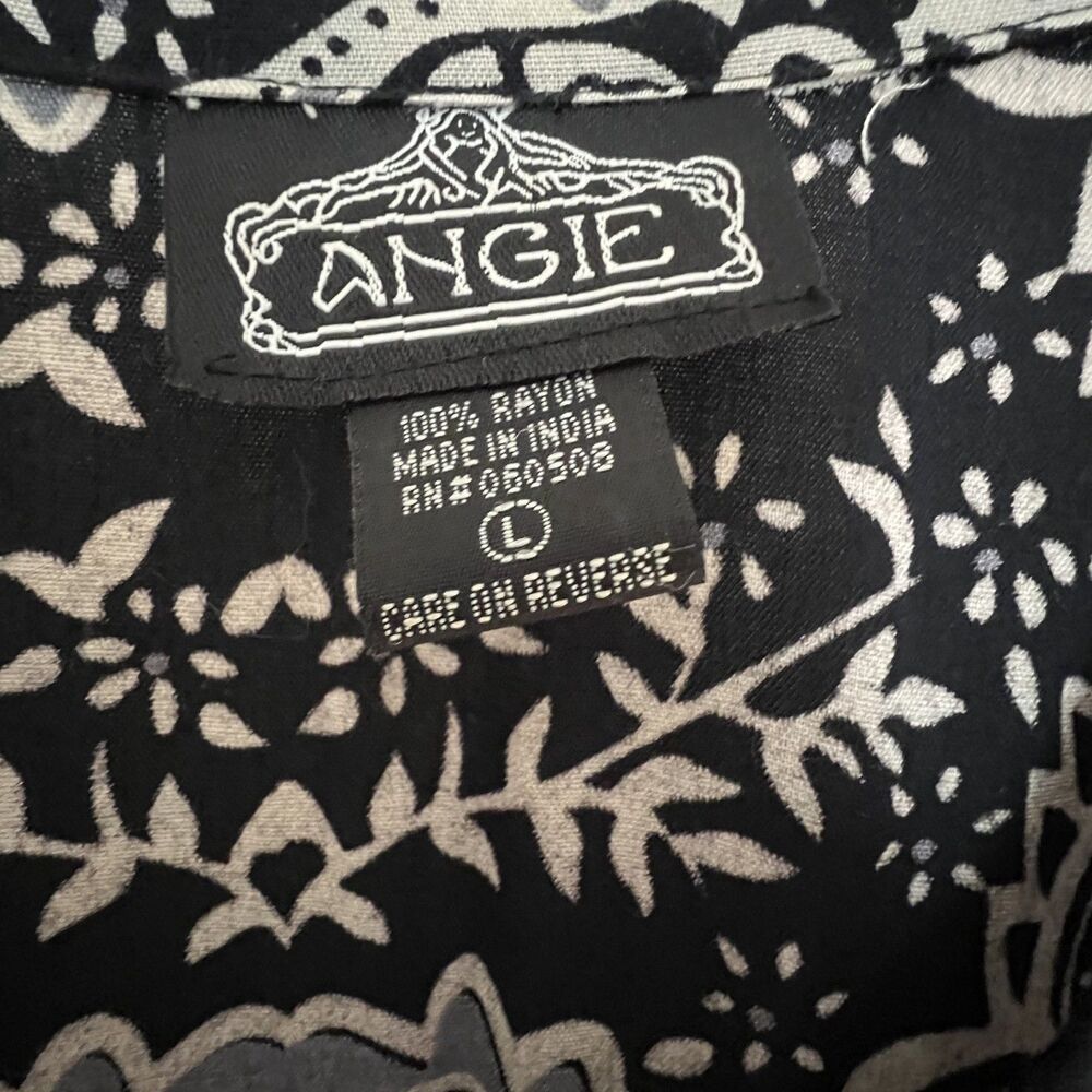 Angie Dress L Shirred Waist Peasant Summer Black Tan Mini - Picture 4 of 6